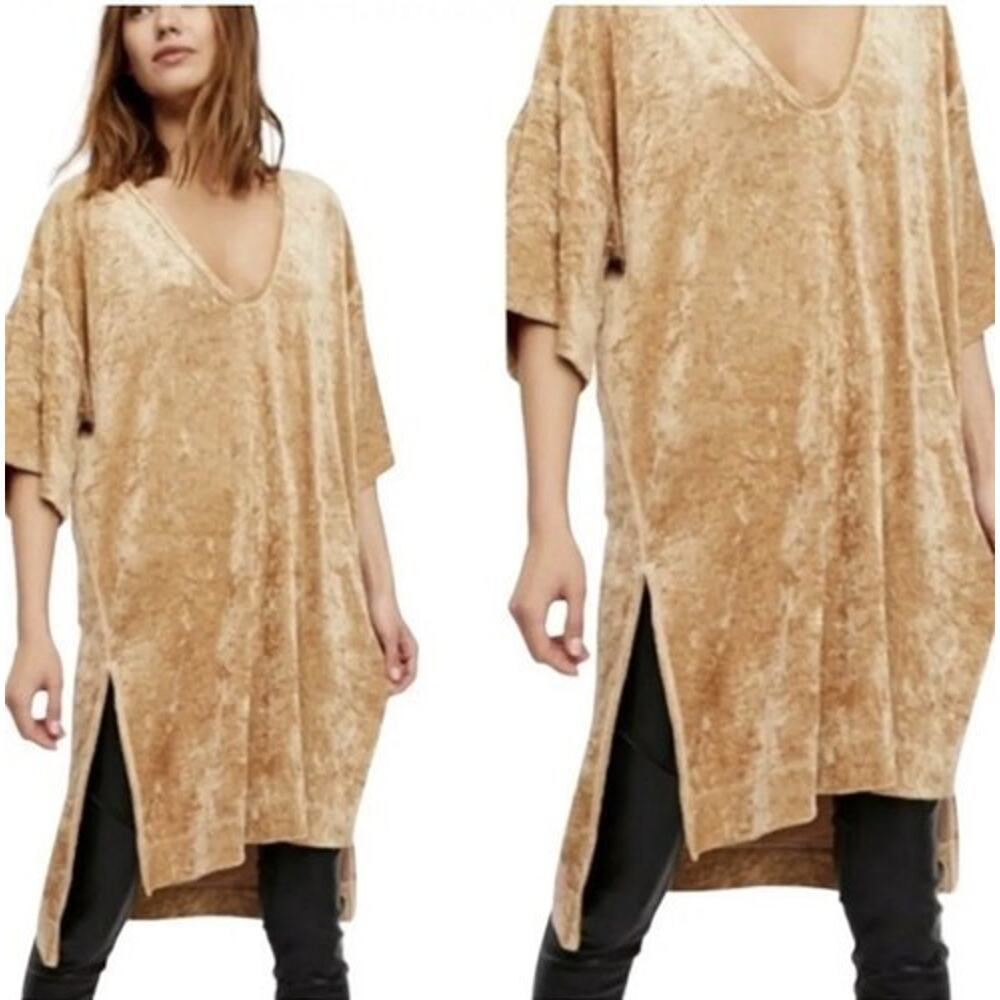 FREE PEOPLE We The Free Gold Luxe Crushed Velvet Velour Tunic Top Dress Medium